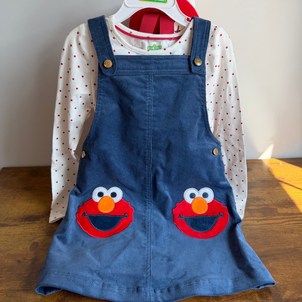 New 4T Sesame Street Elmo Toddler Girl Corduroy Dress Backpack Blue Red Outfit